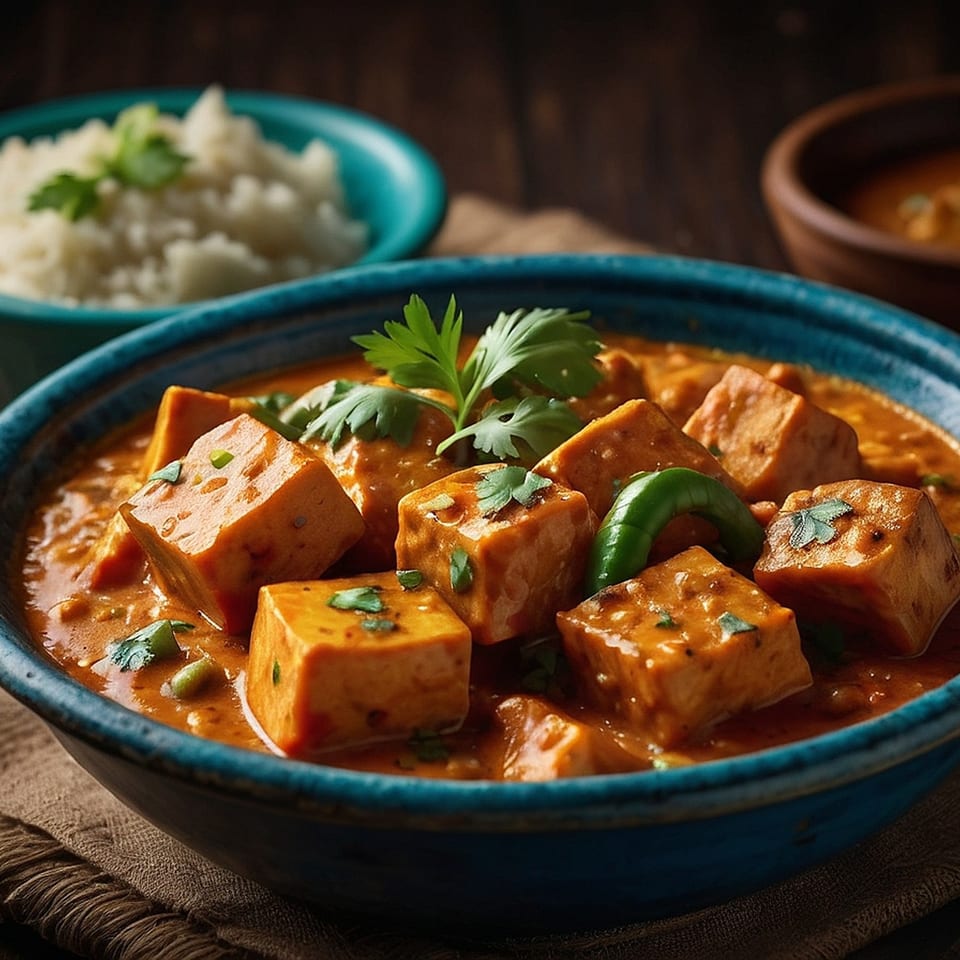 Indian paneer curry with green chilies and cilantro in a blue bowl, with rice in the background.