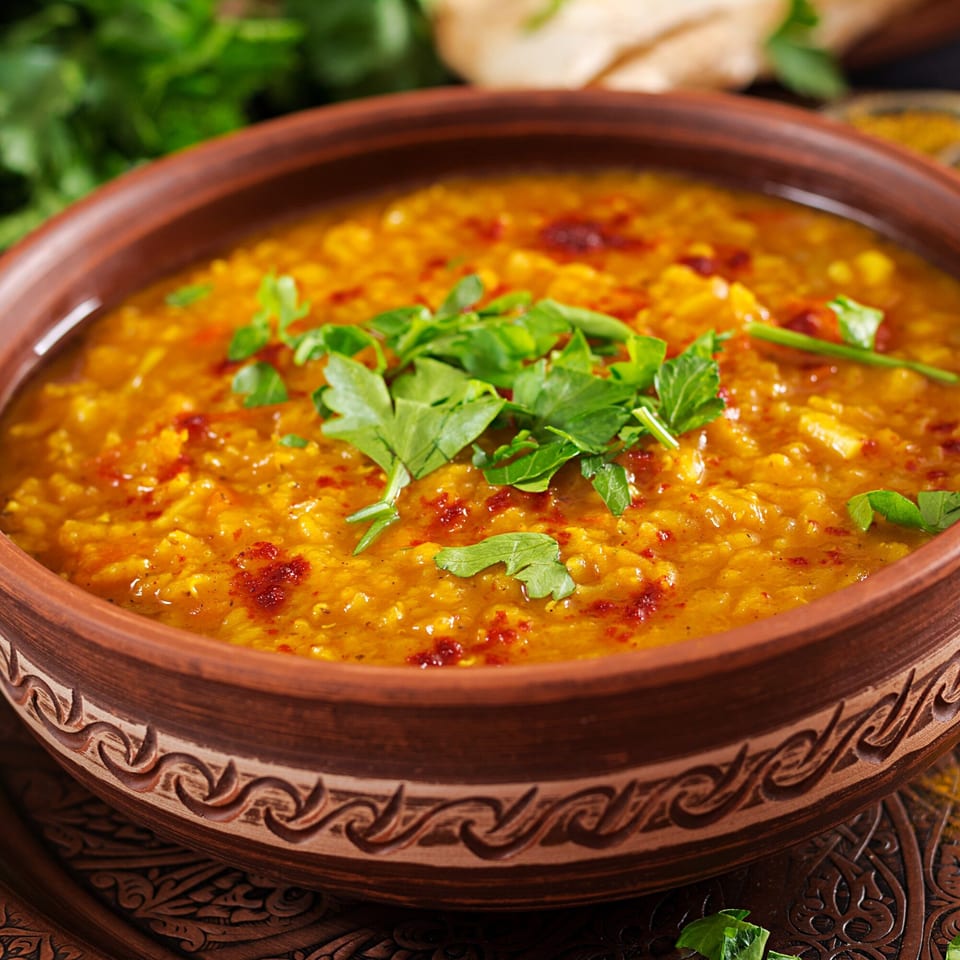 A close-up of a rustic brown bowl filled with vibrant yellow Indian dal, garnished with fresh cilantro.