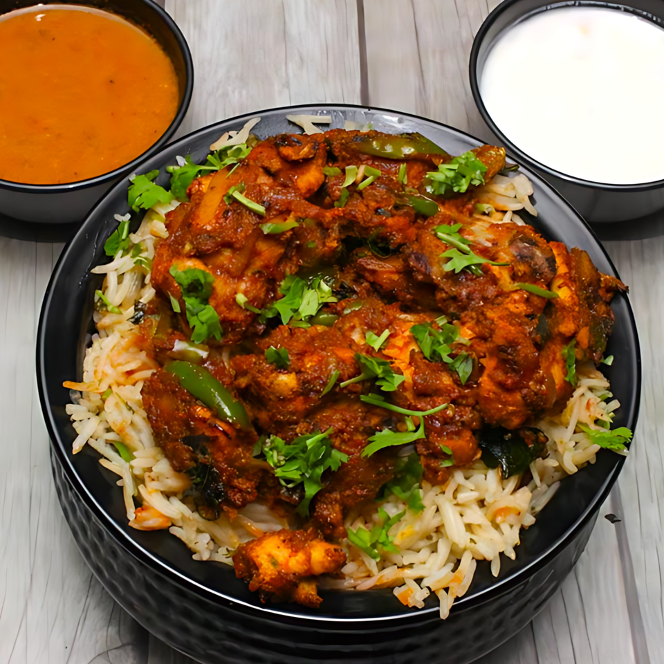Chicken Biryani with green peppers and cilantro, served with a side of curry and raita.