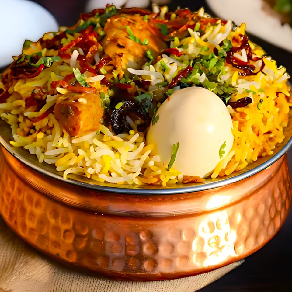 A copper pot filled with vibrant Biryani, featuring rice, chicken, herbs, and a boiled egg.